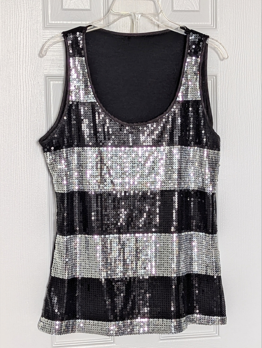 Debbie Shuchat Women's (Large) Black & Silver Striped Sequin Sleeveless Tank Top - Picture 1 of 15
